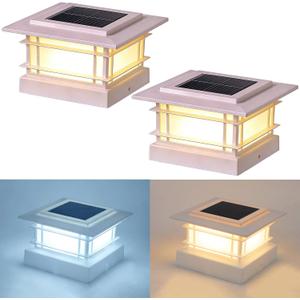 Dynaming 4x4 Solar Post Cap Lights Outdoor with 2 Color Modes, Fence Post Solar Lights White Shell Fit for Vinyl/Wooden Posts, High Brightness SMD LED Lighting Decor for Garden Deck Patio, 2 Pack