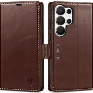 SHIELDON Wallet Case for Galaxy S26 Ultra 5G, Genuine Leather RFID Blocking Credit Card Holder Kickstand Magnetic Folio Protective Cover Compatible with Galaxy S26 Ultra 6.9" 2026 - Retro Coffee
