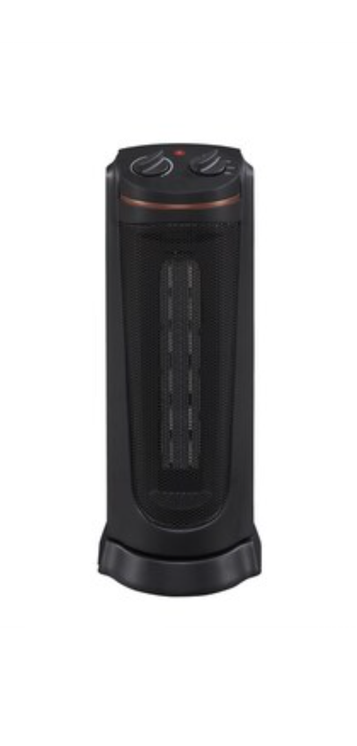 PROFUSION HEAT 19in. Tower Ceramic Heater with Oscillation 2 heat settings (750 W/1,500 W) with fan-only setting Adjustable thermostat Built-in carry handle at rear Mesh grill for safety 19" height Overheat protection PUSION Safety tip-ove