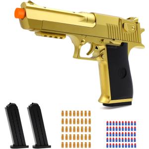 Gold Soft Bullet Toy Gun Shell Ejecting for Boys, Shooting Game Toy Pistol with 50 Foam Bullets, 40 Shells & 2 Clips, Ideal Christmas Birthday Gift for Boys Adults