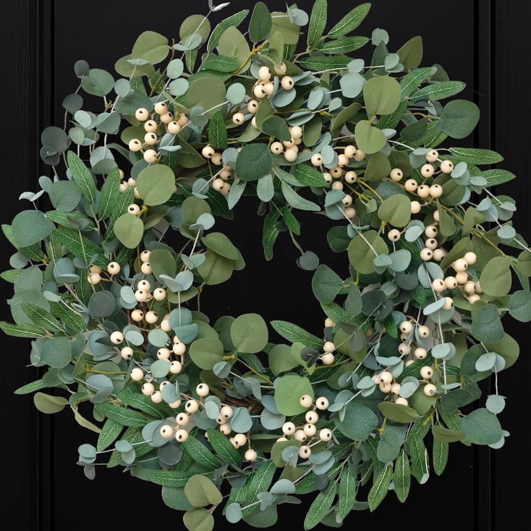 Bibelot 22 inch Artificial Spring/Summer Wreath for Front Door Evergreen Eucalyptus Decoration Wreath with Berries Home Party Indoor Outdoor All Season Decor