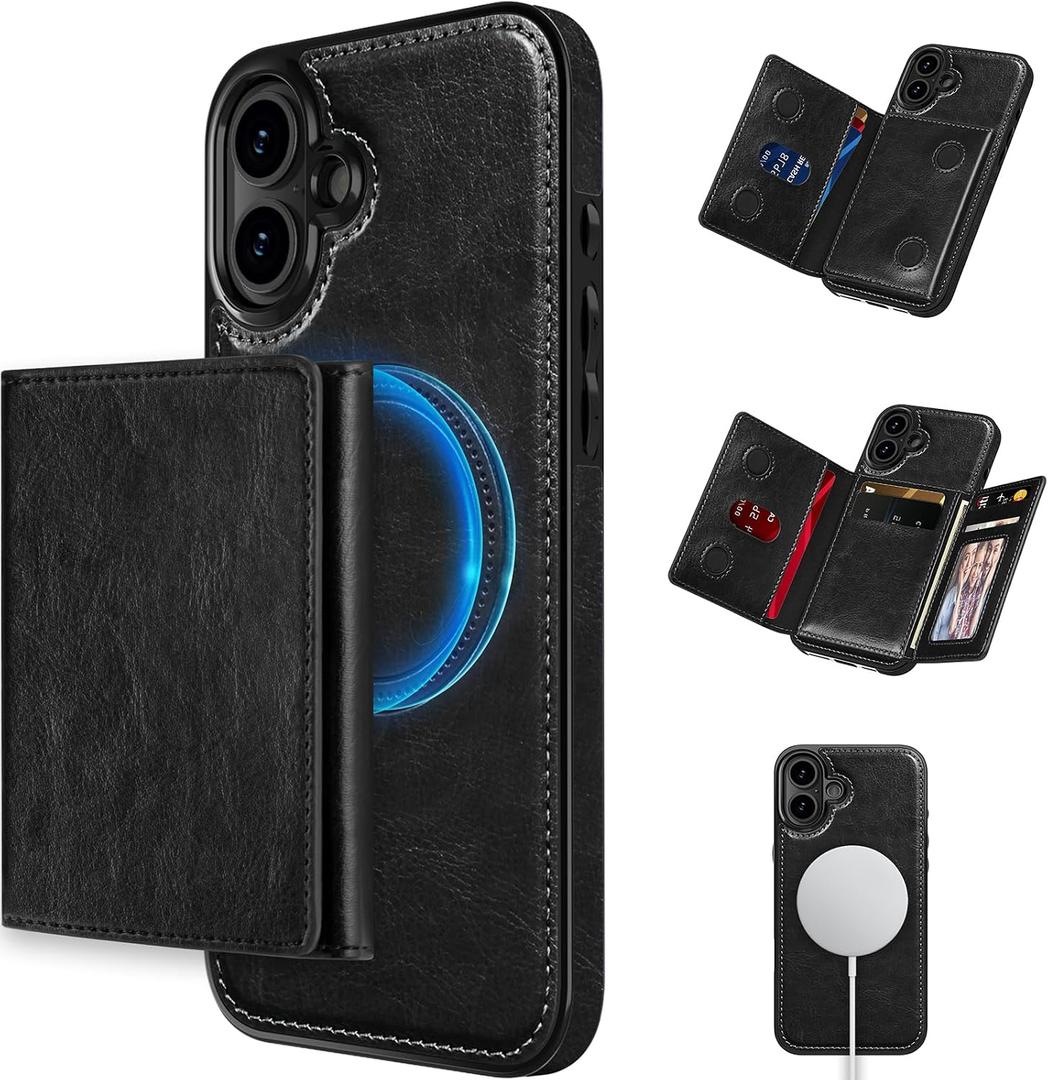 LOHASIC for iPhone 16 Plus Case Wallet, 6 Card Holder RFID Blocking Wallet, Compatible with MagSafe, Detachable Portfolio Back Classy PU Leather Phone Cover, 6.7 Inch - Black
