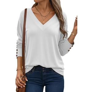 Dokotoo Women's Casual Long Sleeve V Neck Pullover Shirts Loose Fit Lightweight Knit Tops (White, XL)