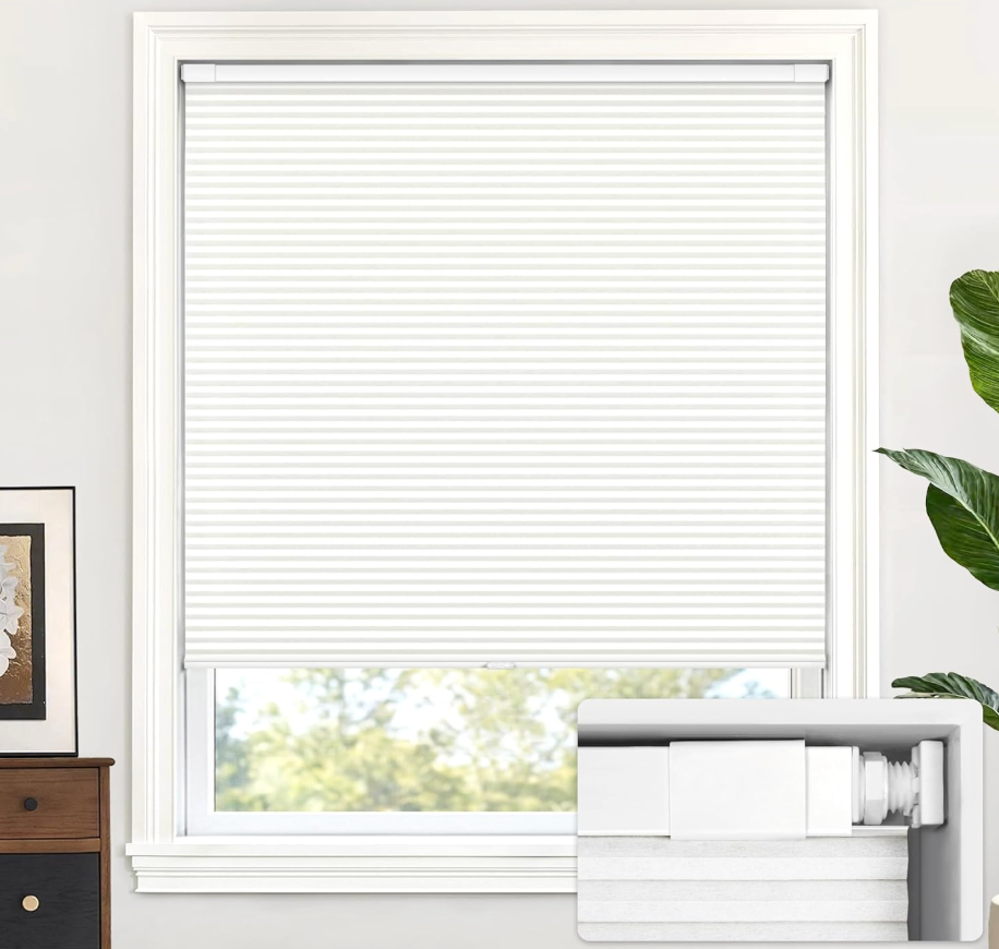 LazBlinds No Drill Cordless Cellular Shades, 46" W × 48" H, White | Light Filtering Honeycomb Shades Thermal Insulation Noise Reduction Glare Control Blinds for Windows