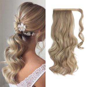 CJL HAIR 18" Long Ponytail Hair Extension Wrap Around Pony Tail Clip in Curly Wavy Synthetic Fake Hairpiece for Women Dirty Blonde