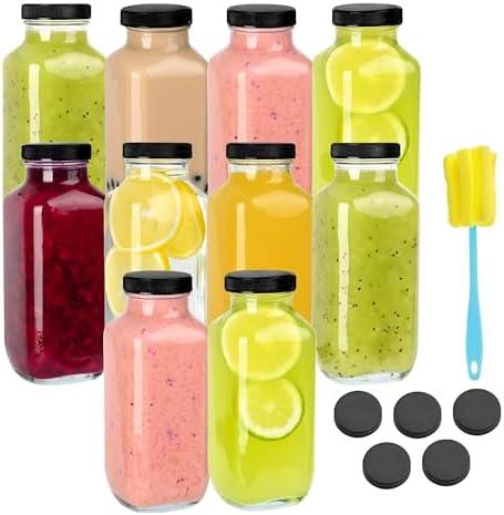 10 Pack 16oz Glass Juice Bottles with Lids - Reusable Juicing Bottles Glass Drinking Jars Containers with Airtight Lids & Cleaning Brush - Perfect for Juicing,Milk,Kombucha, and Storage