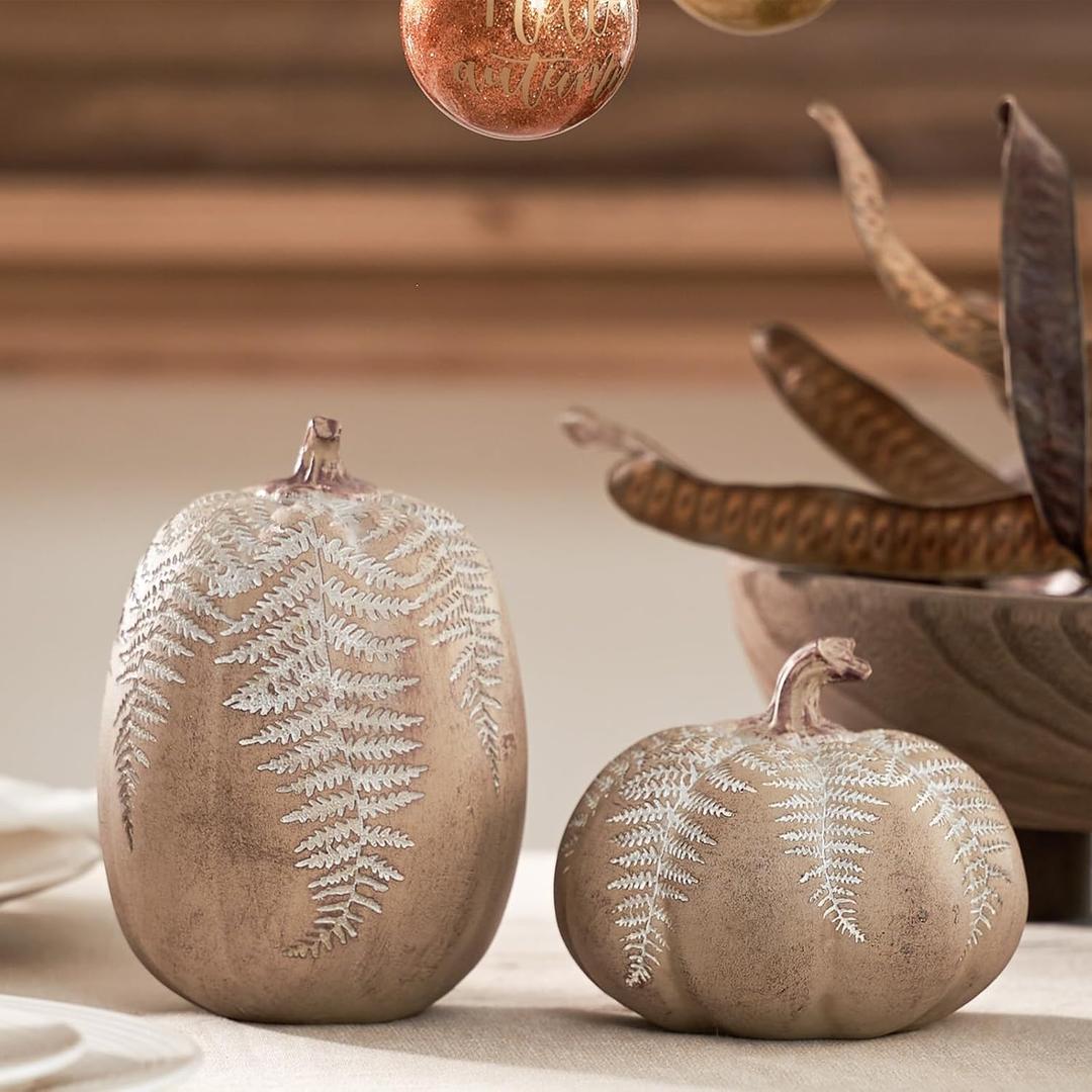 DN DECONATION 2-Pack Fall Pumpkin Decorations for Home, Faux Pumpkins for Decorating, Rustic Brown Resin Pumpkins Decor with Carved Leaves  Thanksgiving Table Centerpiece, Modern Farmhouse Fall Decor