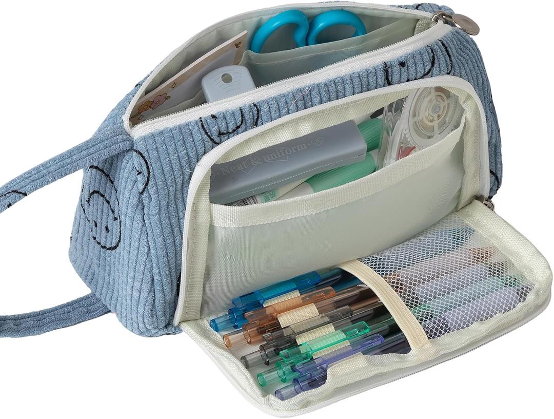 Large Pencil Case Pouch Pencil Bag Corduroy Capacity Pen Case Stationery Bag School College Office Organizer for Teens Girls Adults Student Kids (D-Blue)