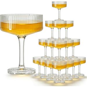 Plastic Coupe Glasses Set of 20, 10oz Ribbed Martini Glasses, Plastic Vintage Cocktail Cups for Espresso Martini, Margarita, Home Bar, Parties, Weddings & Gift