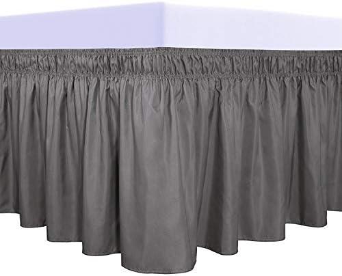 PureFit Wrap Around Ruffled Bed Skirt with Adjustable Elastic Belt - 18 Inch Drop Easy to Put On, Wrinkle Free Bedskirt Dust Ruffles, Bed Frame Cover for Queen, King and C-King Size Beds, Dark Gray Queen Size