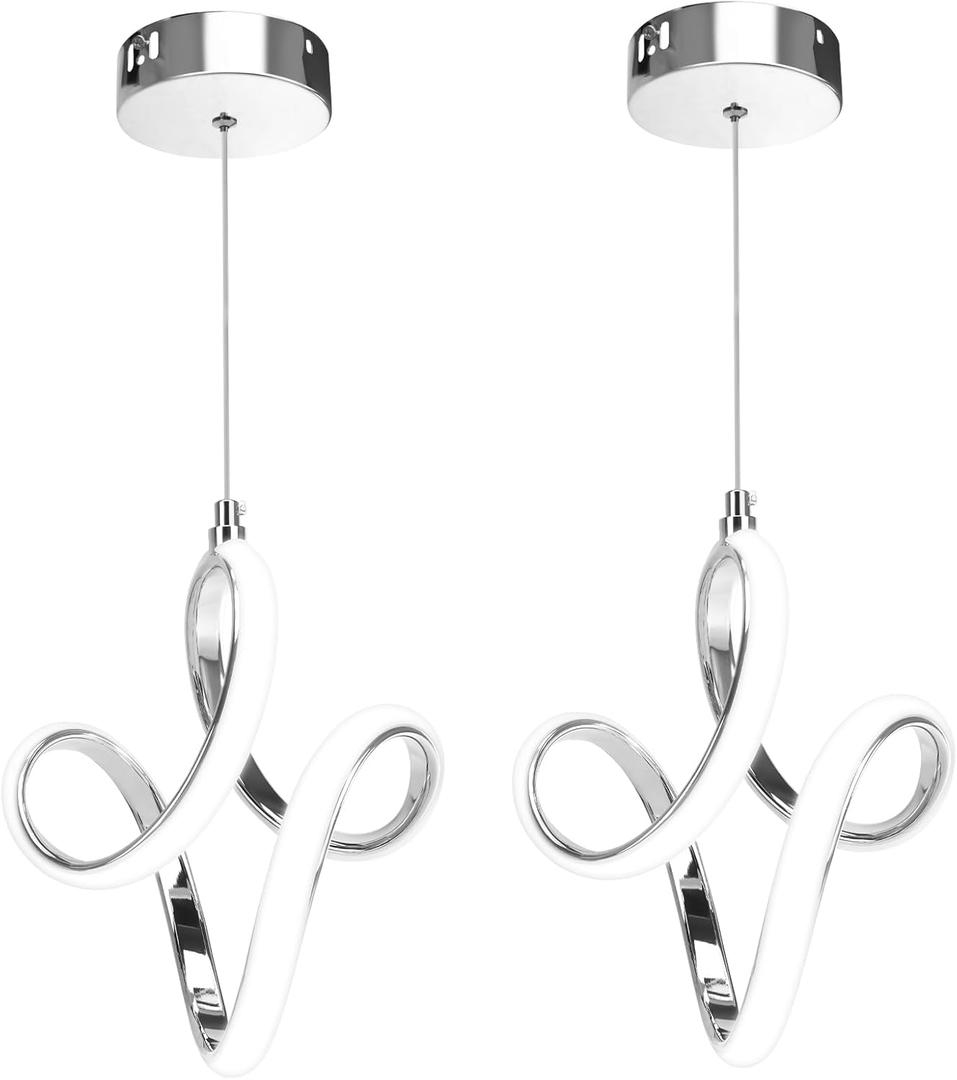 Modern Led Pendant Light 5500K Cold White Kitchen Island Pendant Light Fixtures Adjustable Height Led Pendant Lamp for Kitchen Island Dining Room Hanging Light, 2 Pack (Chrome)