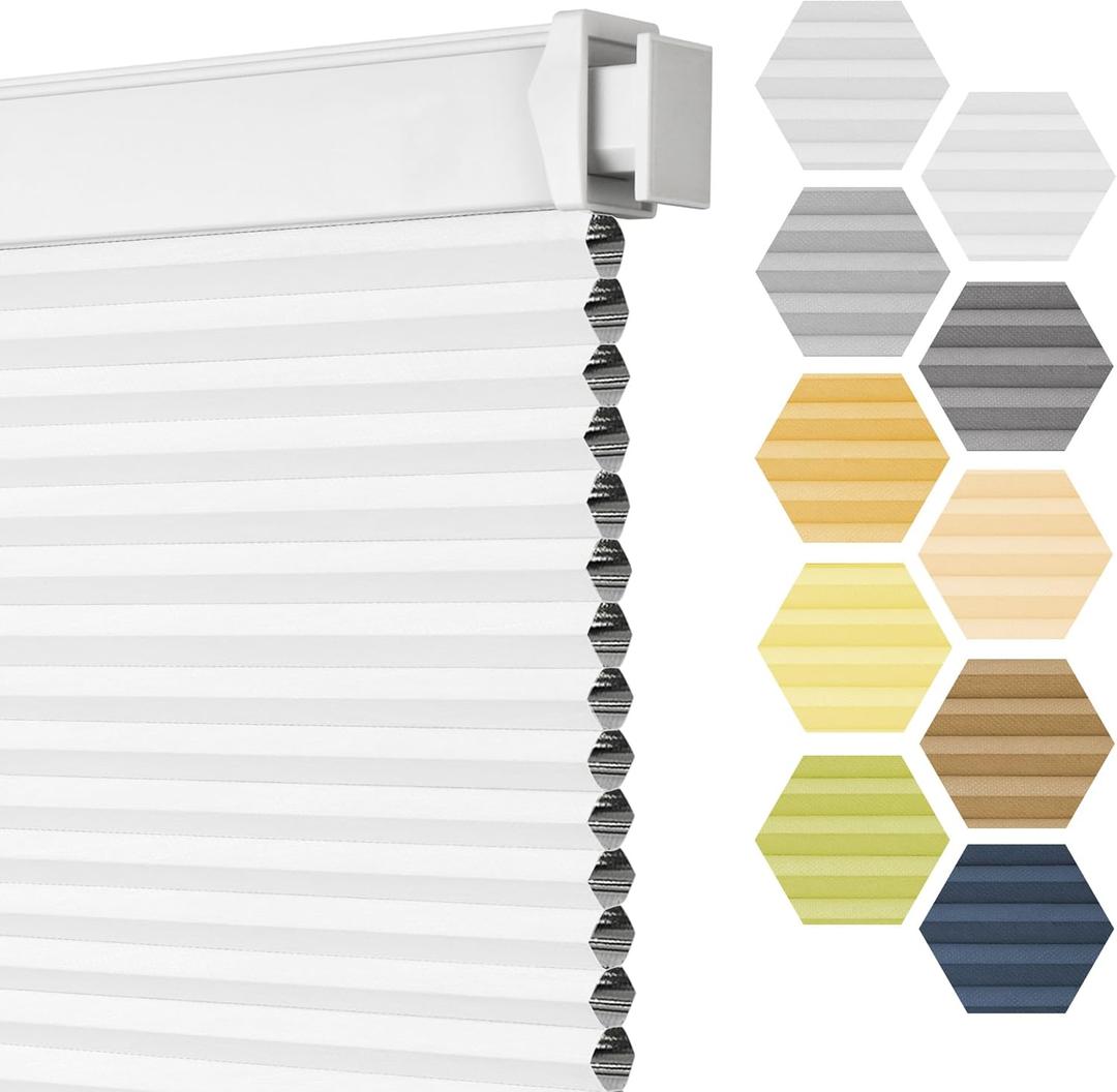 Grandekor No Drill Cellular Shades Cordless,34" W x 64" H,No Drill Blackout Honeycomb Blinds for Indoor Windows,Blackout-White-White