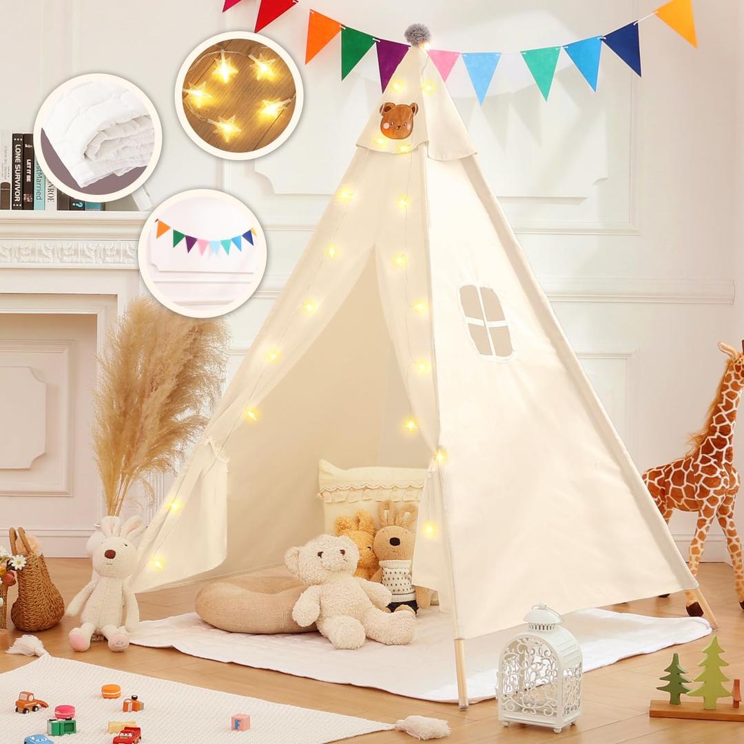 Teepee Tent for Kids Star Lights, Flags,53''x47''x55''Kids Play Tent,Children Play Tent Indoor Outdoor,Gifts Playhouse for Kids,Toddler Teepee Tent Beige Neutral Color (Beige-Mat Include)