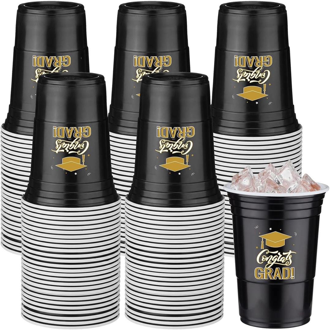 Ziliny 50 Pack Graduation Decorations 2026 16 oz Graduation Plastic Cups Congrats Grad Disposable Drinkware for Class of 2026 Grad Festivities Essential Graduate Party Favor Supplies (Black and Gold)