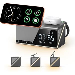 4URPC 6in1 Alarm Clock Wireless Charging Station for Apple Multiple Devices,MagSafe Charging Dock for iPhone 17/16/15/14/13 Series, Apple Watch, AirPods,Wireless Charger with Night Light/Alarm Clock