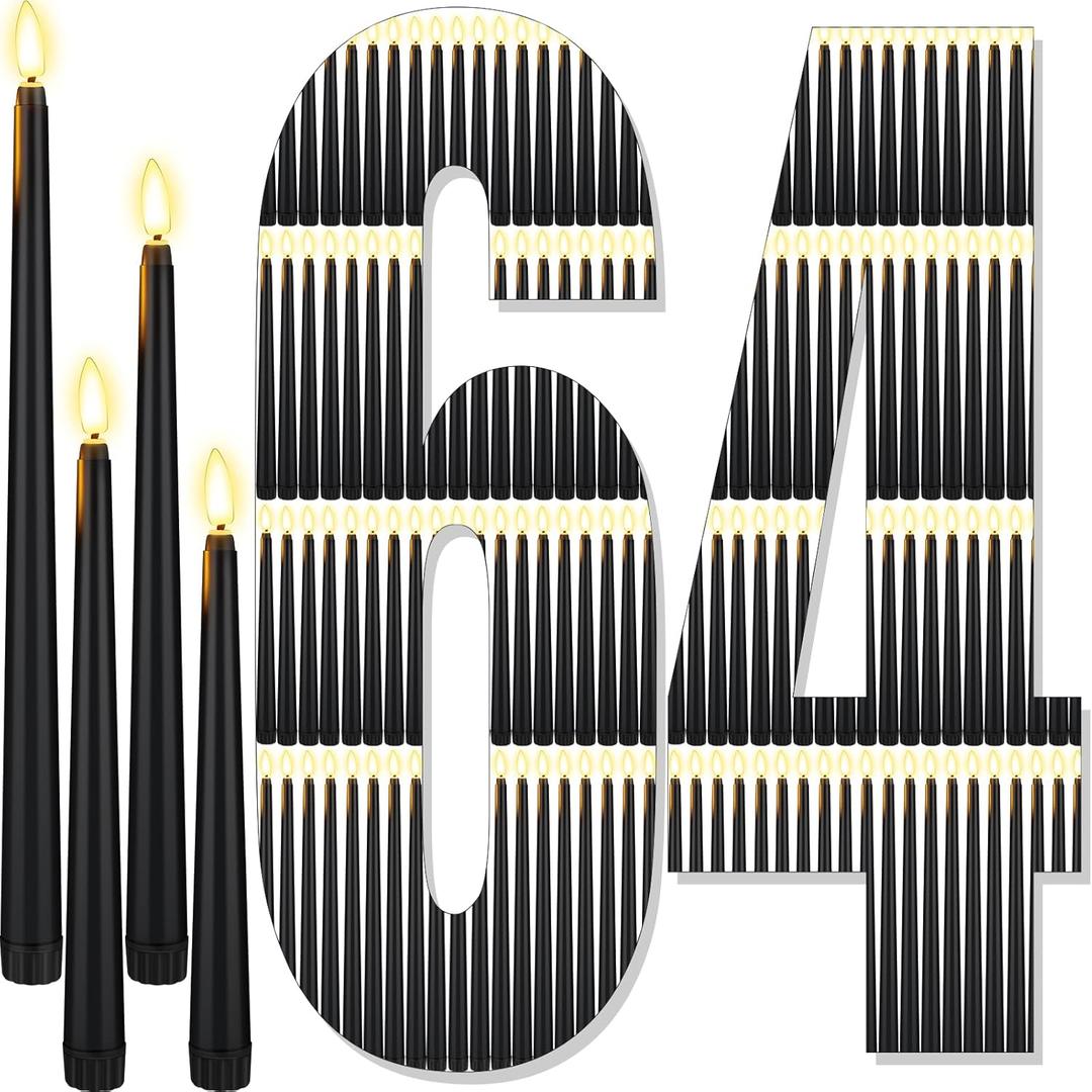 64 Pcs Flameless LED Taper Candles Battery Operated Candles 4 Sizes of 8.5'', 9.65'', 10.83'', 12.8'' Candlesticks Flickering for Halloween Christmas Church Wedding(Black)