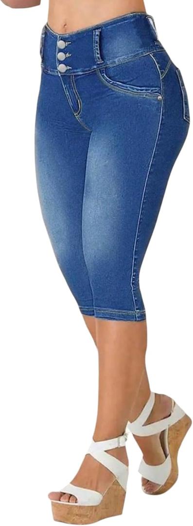 Skinny Jeans for Women Butt Lifting Capri Jeans Stretchy Three - Button Design Trouser Skin Friendly Comfortable Fit, L