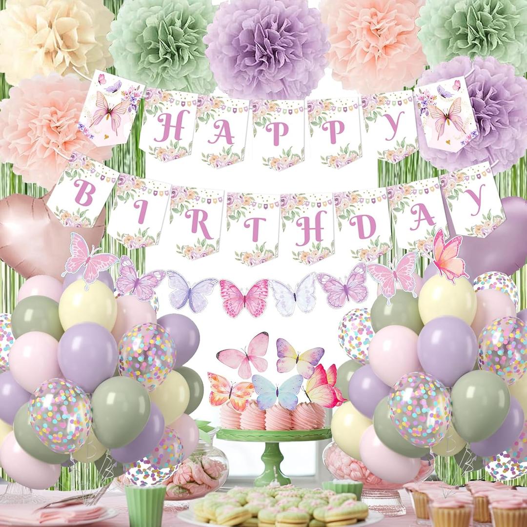 Fairy Birthday Party Decorations Set, Fairy Themed Party Decorations, Green Purple Pink Yellow Balloons Butterfly Banner for Birthday Decorations Spring Tea Party (Multi)