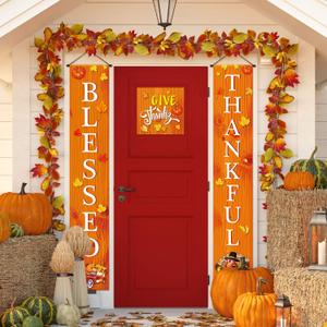 Tatuo Blessed Thankful Hanging Banner Fall Harvest Welcome Banner Porch Sign Autumn Pumpkin Maple Leaf Backdrop Flag for Home Yard Indoor Outdoor Thanksgiving Party Decorations