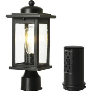 Dusk to Dawn Outdoor Post Light with GFCI Outlet, Waterproof Lamp Post Light Fixture, Aluminum Exterior Post Lamp for Driveway, Backyard, Garden (Black)