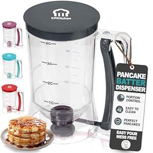 Pancake Batter Dispenser - Kitchen Must Have Tool for Perfect Pancakes, Cupcake, Waffle, Muffin Mix, Cake & Crepe - Easy Pour Baking Supplies for Griddle - Pancake Maker with Measuring Label 