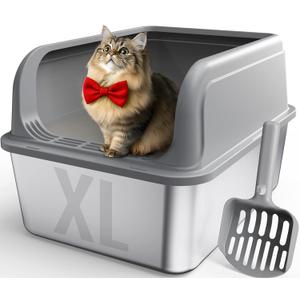 Powools Stainless Steel Cat Litter Box, Metal Litter Box with Scoop, High- Sided, Anti-Leakage Top Entry, Non-Sticky, Easy to Clean, Grey, XL (1 Pack)