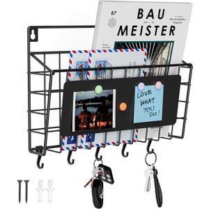Baeymonkay Easy Assembly and Installation Iron Key Holder Wall Mount, Mail Organizer for Wall, Matte Black Finish, Extra Large Storage Space for Mail, Mail Holder Features 5 Hooks, Key Rack Hanger