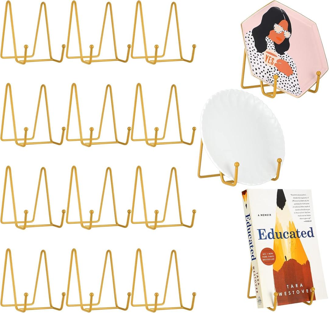 Mixweer 12 Pcs Book Stands for Display Metal Picture Frame Stand Book Plate Picture Holder Easels Photo Holder for Decorative Display(4.3 Inch,Gold)