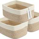 Small Woven Storage Baskets 12X8X5 Decorative Rope Bins for Organizing Shelves, Closets, and Toys, Empty Gift Baskets, Cute Organizer Basket for Home and Office (white and brown regular)