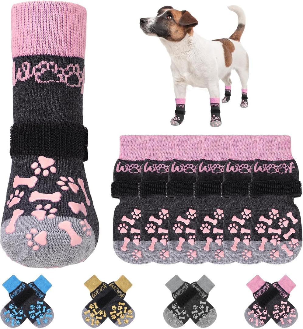 KOOLTAIL Anti Slip Dog Socks for Hot/Cold Pavement to Prevent Licking Paws, Dog Boots&Paw Protector with Grippers for Hardwood Floors,Traction Control No Twist Booties for Dogs M (Pink with Woof Pattern)