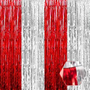 6 Pack Red Silver Foil Fringe Curtain Backdrop, 3.28Ft x 8.2Ft Metallic Tinsel Foil Fringe Streamer Curtains for Photo Booth, Birthday, Wedding, New Year Party Decorations