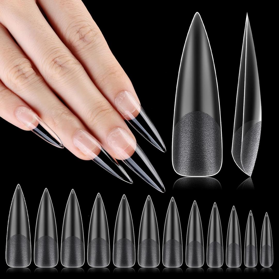 No C Curve XXL Stiletto Nail Tips, Half Matte Clear Half Cover, Stiletto Flat Tips for Acrylic Nails Art Design, Salons, Home DIY Nail Extension(12 Sizes 240PCS)