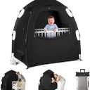 Blackout Tent for Pack and Play - Pack N Play Blackout Cover - 1-Click Setup Portable Sleep Pod with Monitor Pouch & 2 Fan Pouch, Black Out Tent Blocks 95% Light, Medium