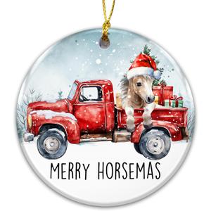 5 x Horse Ornament 2025, Merry Horsemas Christmas Ornament  Red Truck with Horse Wearing Santa Hat  Ceramic Tree Decoration with Gift Box  Holiday Farmhouse Ornament for Horse Lovers