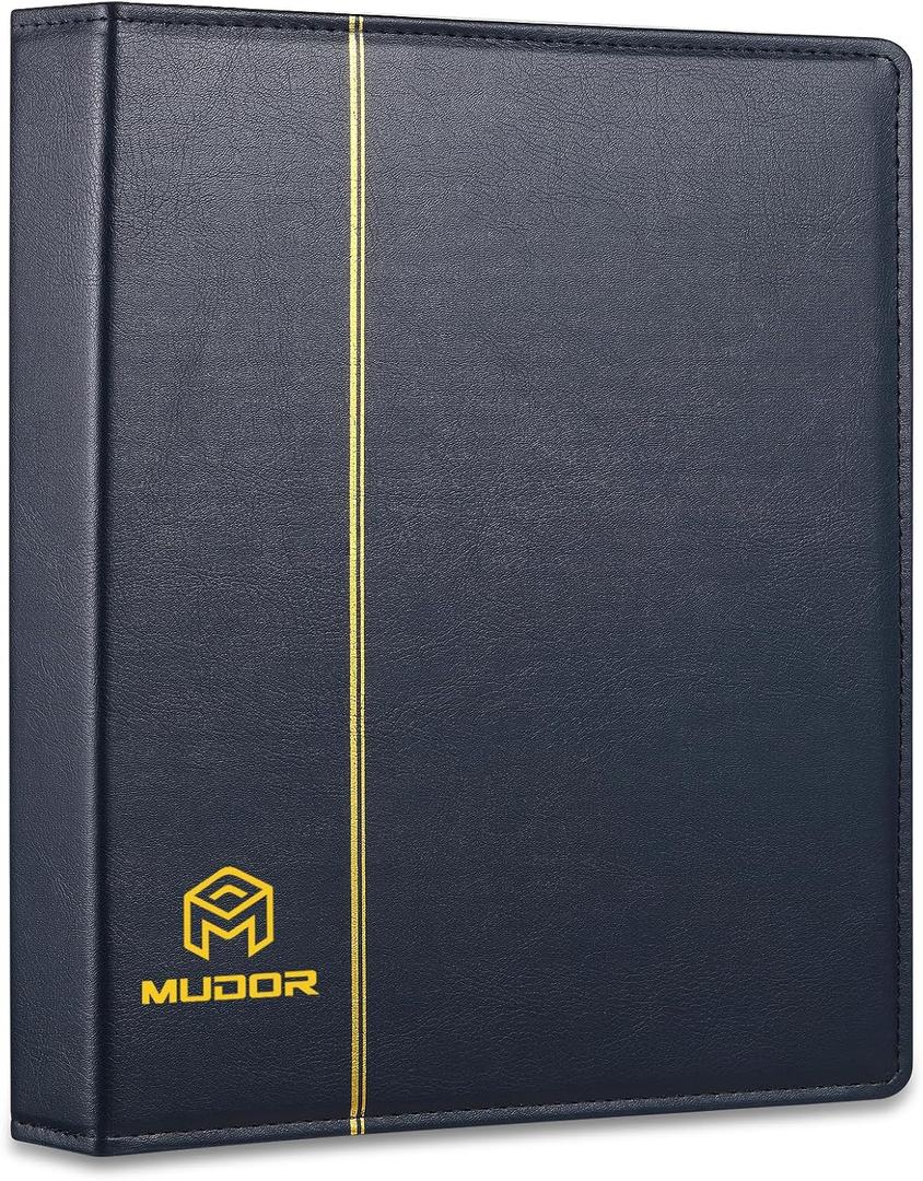 MUDOR Empty Premium PU Classic Binder, 4 Ring Binder Albums Stockbook for Stamps, Documents, Coins, Bank Notes(Blue)