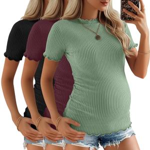 3 Pack Women's Maternity Tops Short Sleeve Ribbed Knit Maternity Shirts Crew Neck Side Ruched Pregnancy Clothes, Light Green, Burgundy, Black, Large