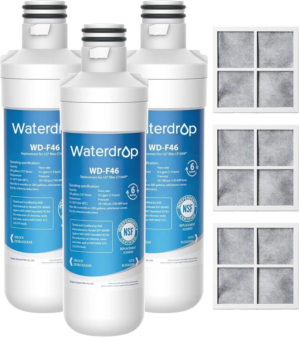 Waterdrop ADQ747935 LT1000PC Replacement for LG LT1000P/PC/PCS ThinQ Refrigerator Water Filter, LFXS26973S, LMXS28626S, LMWS27626S, LFXS28596S, ADQ74793501 and LT120F, 3 Combo