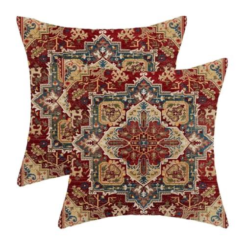 BETGINY Boho Pillow Covers 18 x 18 Inch Pack of 2, Burgundy Red Bohemian Rug Carpet Pattern Decorative Throw Pillow Cases Outdoor Linen Farmhouse Cushion Cover for Bedroom Home Sofa Decor