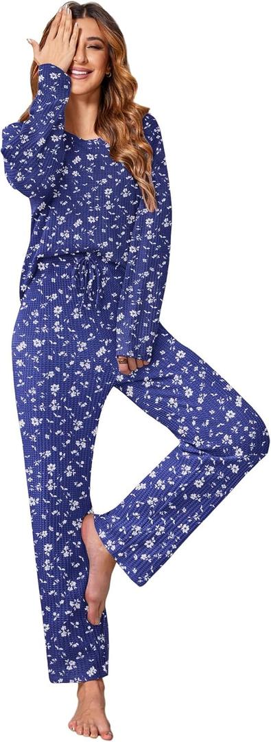 Ekouaer Women's Waffle Knit Pajama Sets Comfy Long Sleeve Lounge Sets 2 Piece Matching Pj Sets with Pockets (Blue, XL)