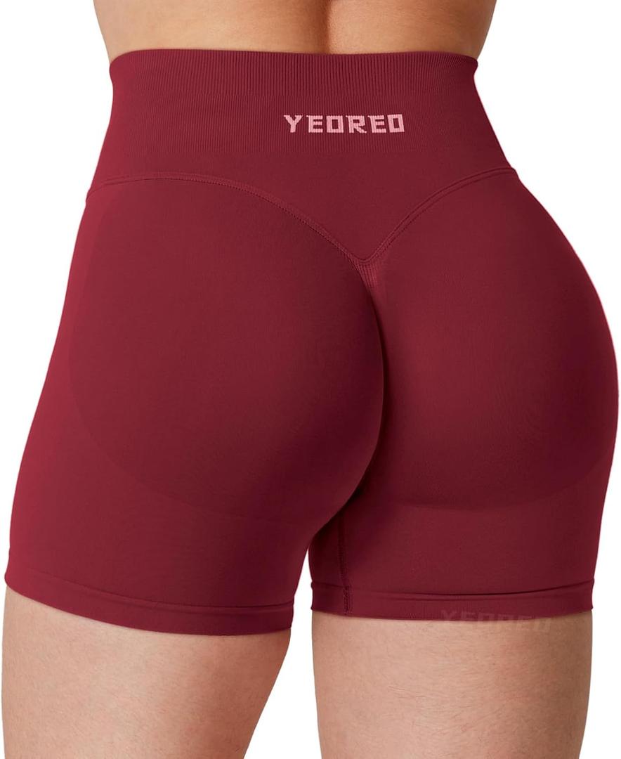 YEOREO Hidden Scrunch Workout Shorts Vision Women Seamless Gym Shorts High Waist Yoga Shorts (Red, M)