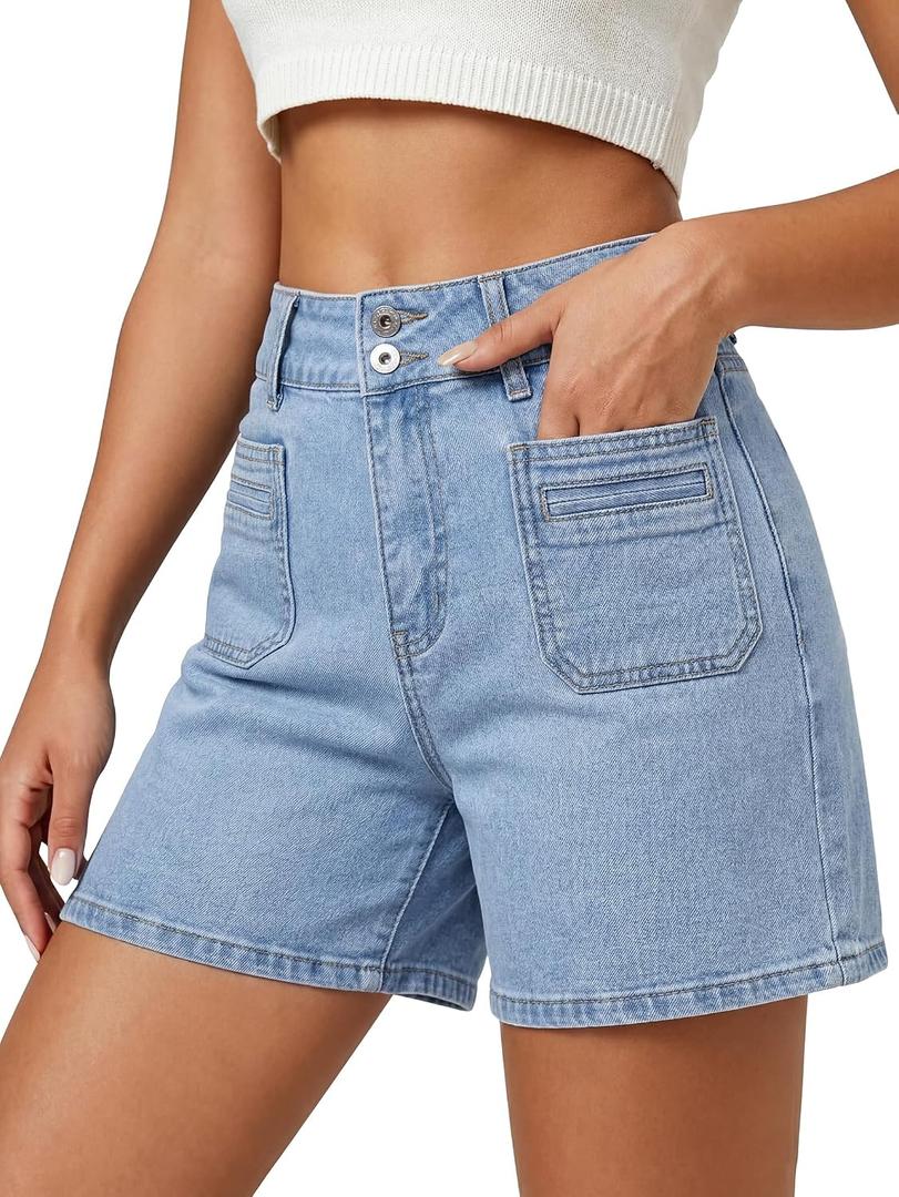 EMMIOL Bermuda Jean Shorts for Women Long Knee Length High Waisted Stretchy Cotton Jorts with Pockets Denim Summer Clean Fit