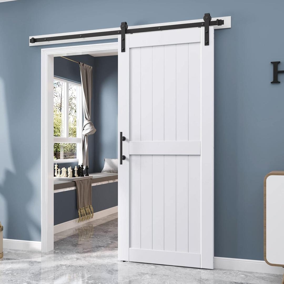EaseLife 36 x 84 inch White Barn Door with 6.6FT Sliding Door Hardware Kit Included & Handle,Solid Wood Covered with Waterproof PVC Surface,DIY Assemblely,Easy Install,H-Frame,Fit 32-34in Wide Opening