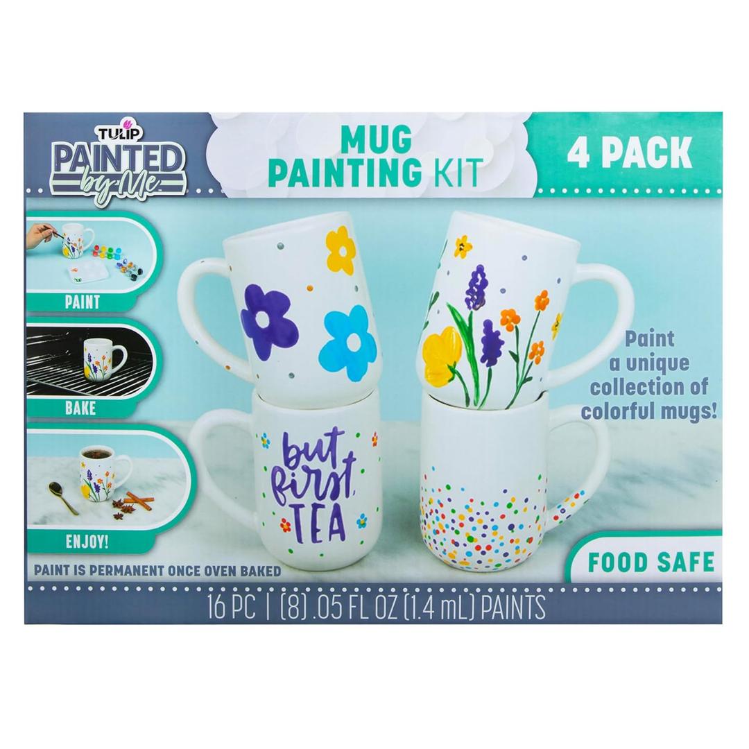 Tulip Painted by Me Ceramic Painting Kit  4 Paintable Mugs, 8 Food Safe Colors & 4 Brushes, Dishwasher Safe, Paint Your Own Ceramics at Home
