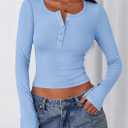 PRETTYGARDEN Women's 2025 Summer Long Sleeve Henley T Shirts Ribbed Knit Button Slim Fitted Basic Casual Going Out Fall Tops (Blue, XS)
