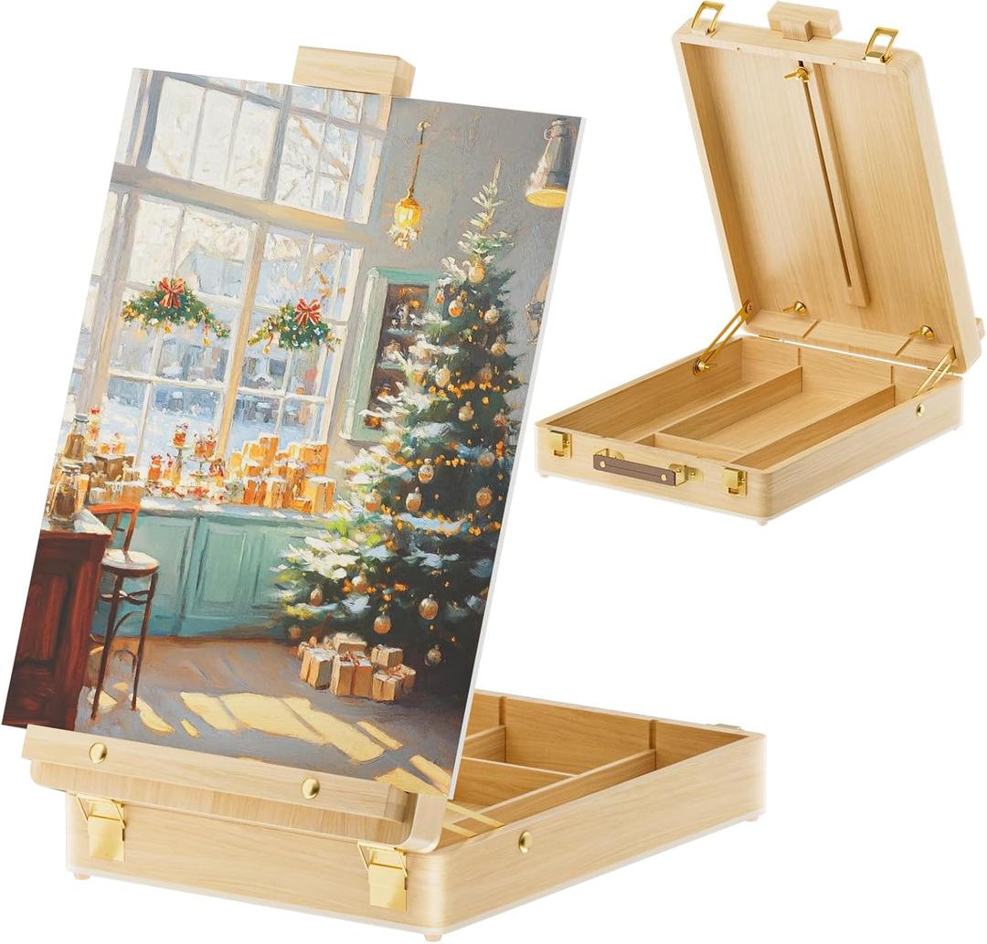 LUCYCAZ Tabletop Easel for Painting, Adjustable Wooden Sketchbox Art Easel, Portable Desktop Painting Easel for Adult, Student, Artist, Beginner