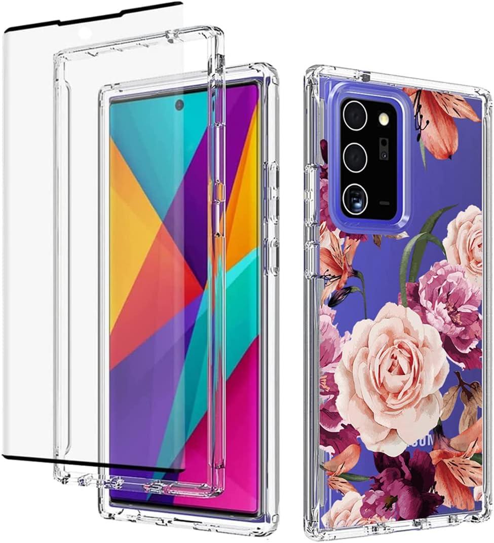 Case for Galaxy Note 20 Ultra 5G N986U Case with Tempered-Glass Screen Protector, Clear Floral Pattern Full Body Protective Phone Cover Cases for Samsung Galaxy Note 20 Ultra (Purple Flower)