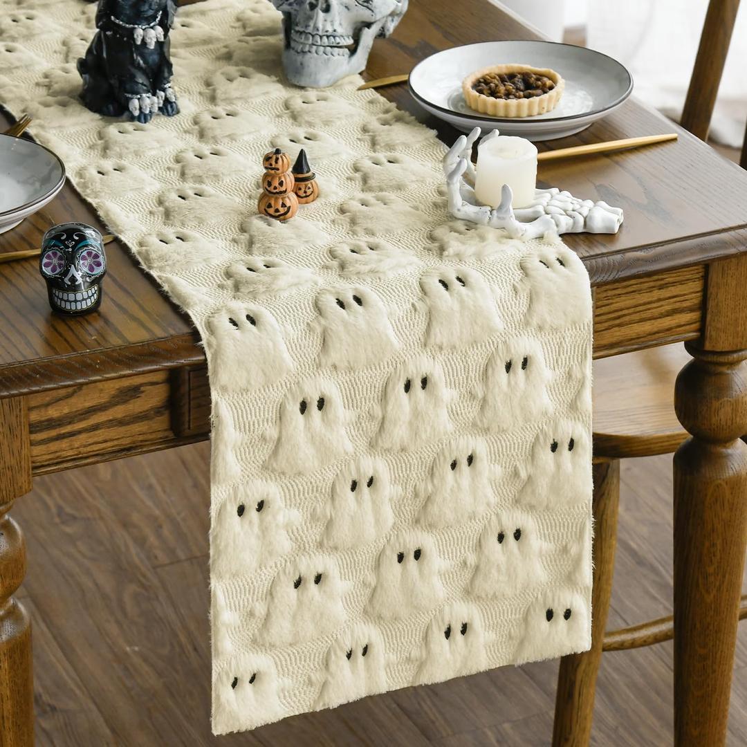 Artoid Mode Beige Ghost Soft Plush Faux Fur Jacquard Halloween Table Runner, Holiday Kitchen Dining Table Decoration for Home Party Decor 13x72 Inch
