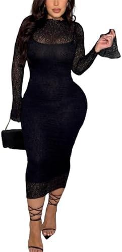 Women's Elegant Bodycon Midi Dress Lace Party Cocktail Wedding Guest Dress M