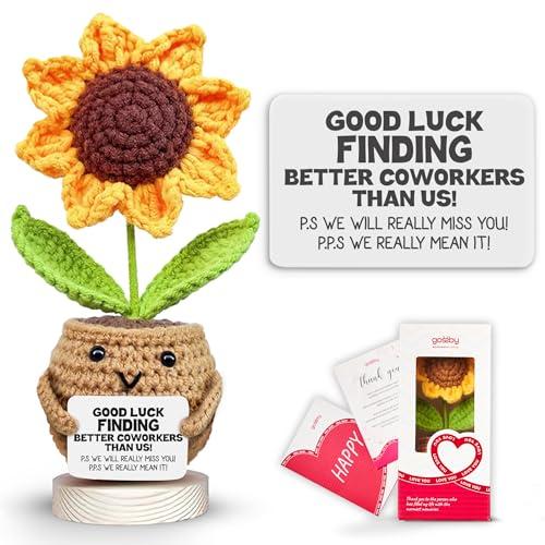 Gossby Handmade Positive Sunflower Doll Crochet with Card - Women Coworker Appreciation Gift - Retirement, Farewell, Goodbye, Leaving, Going Away Gift for Coworker - Good Luck Finding Better Coworkers