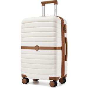 Kono Expandable 24 Inch Luggage with Spinner Wheels, Medium Checked Luggage with Lock, Lightweight & Anti-Scratch PC+ABS Hardshell Travel Suitcase, White/Brown